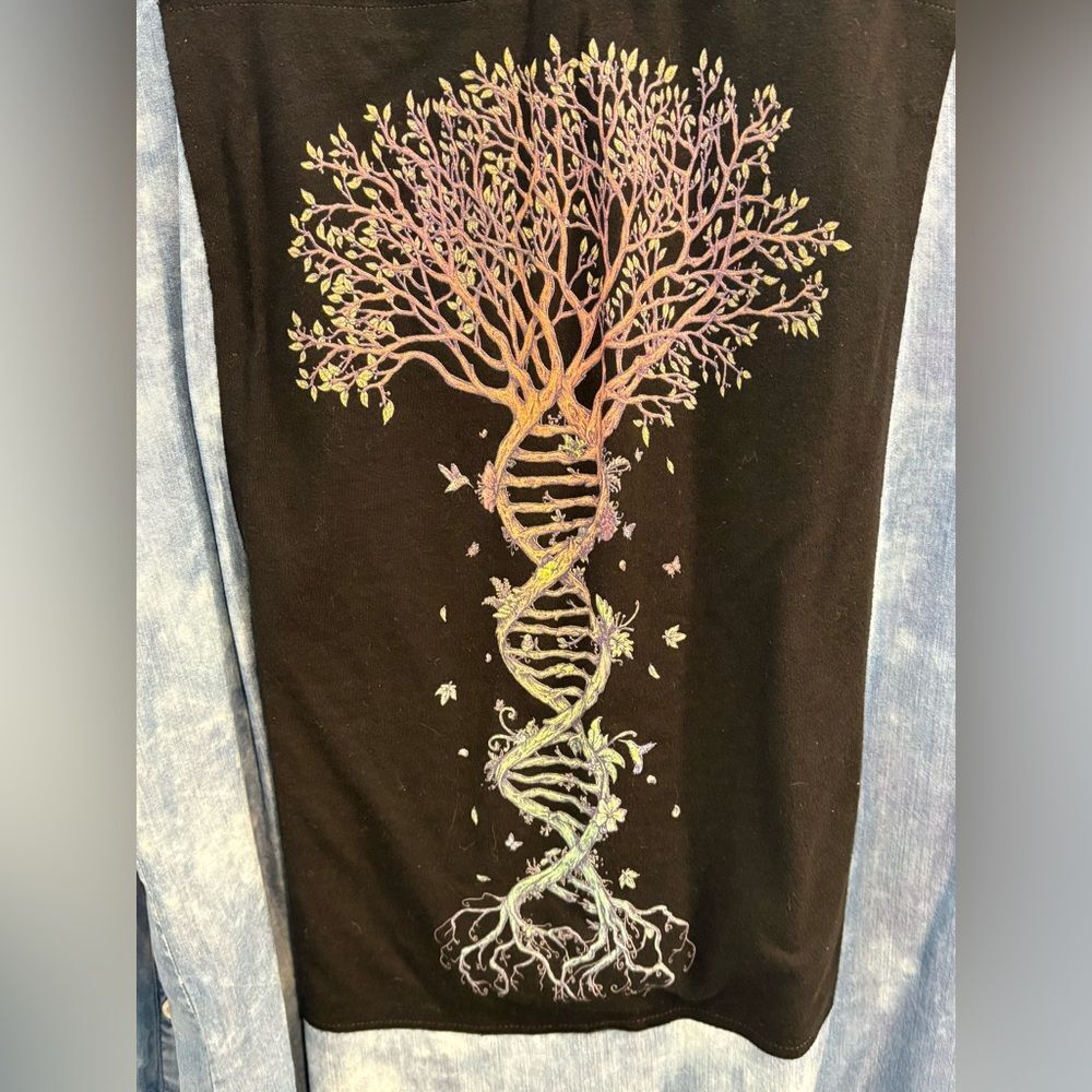 Up Cycled Tree Of Life Blue Denim Shirt - Picture 11 of 14